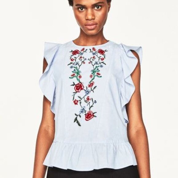 Zara Tops - Zara Light Blue Beaded Floral Embroidery Ruffle Sleeveless Blouse with Open Back